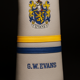 Golf club head cover with 'Evans' logo and text on a black background