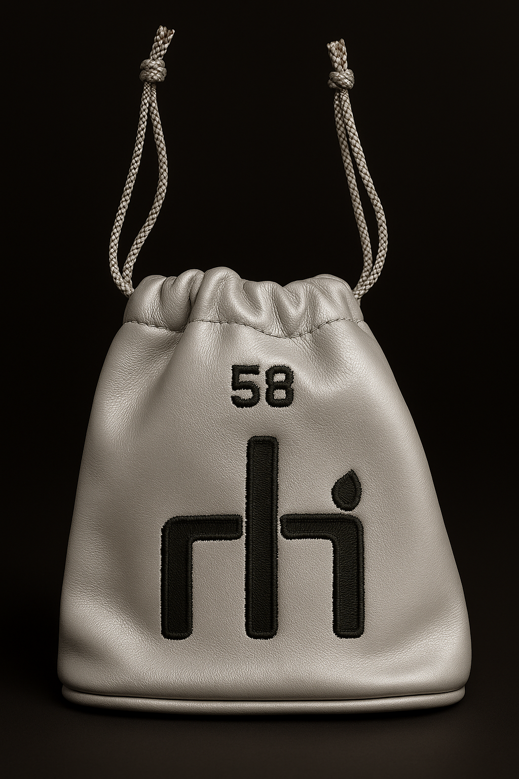 Silver drawstring bag with black logo and number 58 on a black background