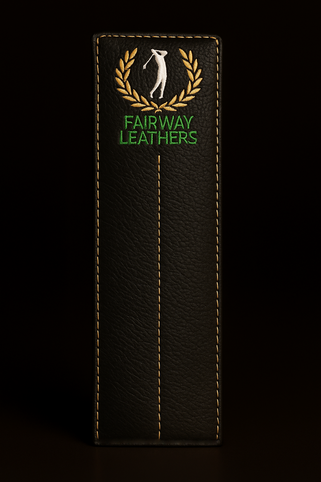Leather product with 'Fairway Leathers' logo on a black background