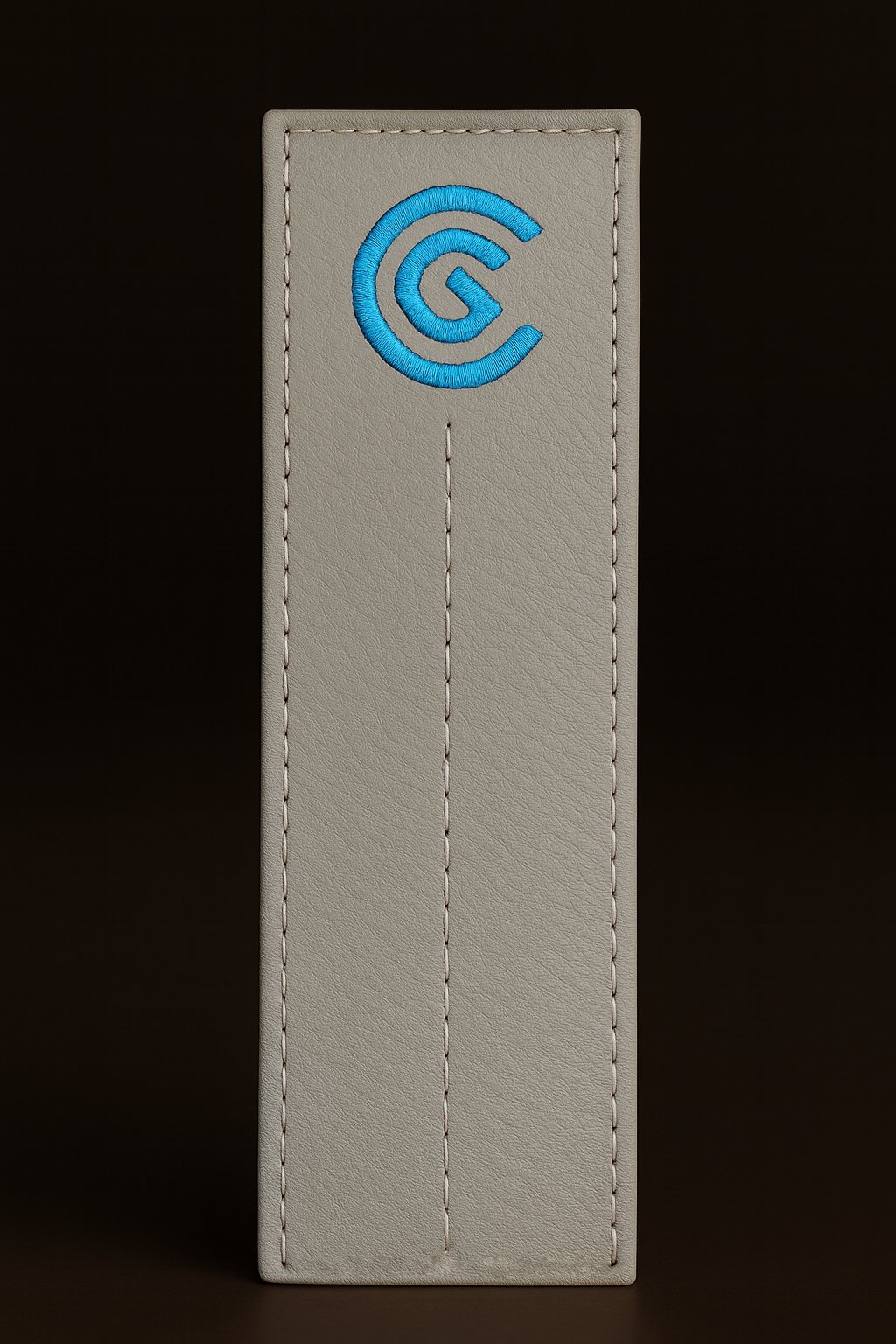 Rectangular gray alignment stick cover with a blue logo on a black background