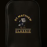 Black backpack with 'St. Matthew Classic' logo on a black background