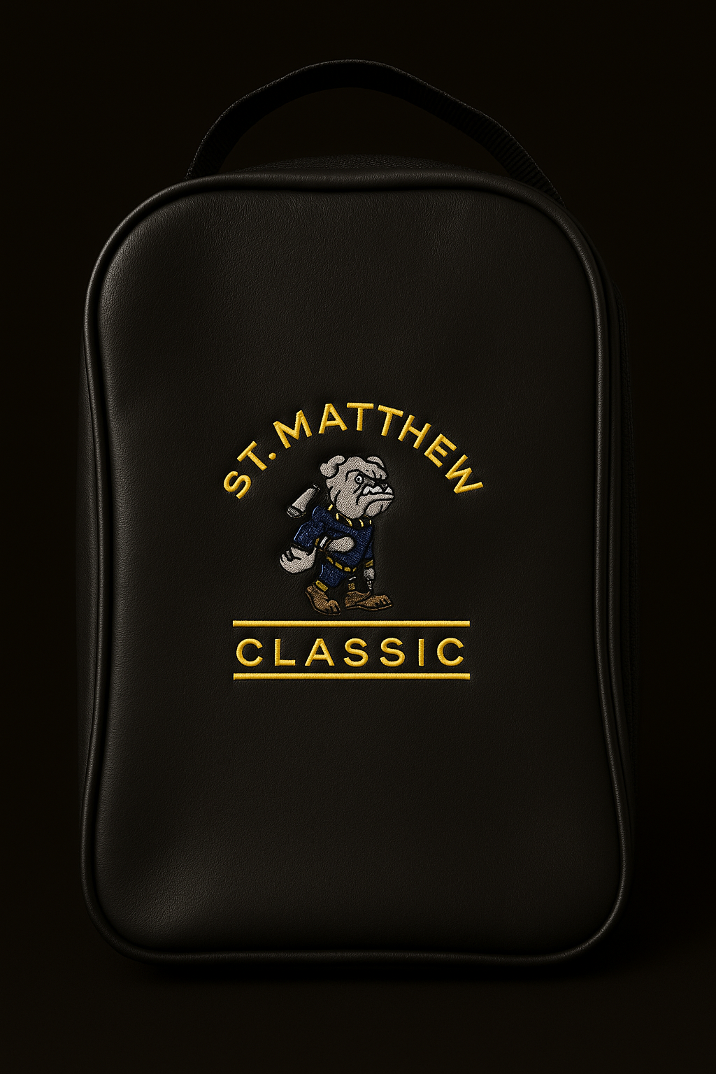 Black backpack with 'St. Matthew Classic' logo on a black background