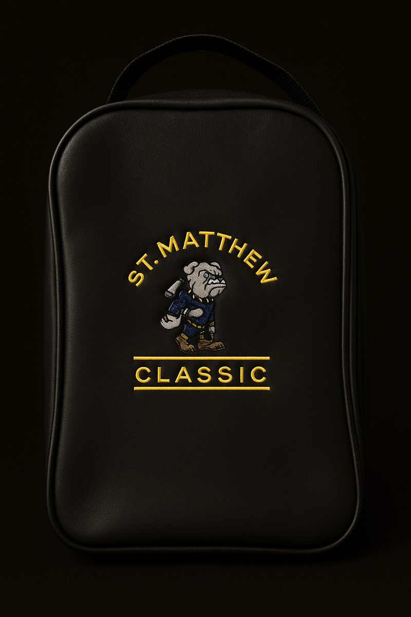 Black backpack with 'St. Matthew Classic' logo on a black background