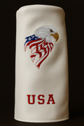 White golf club head cover with an eagle and 'USA' design on a black background