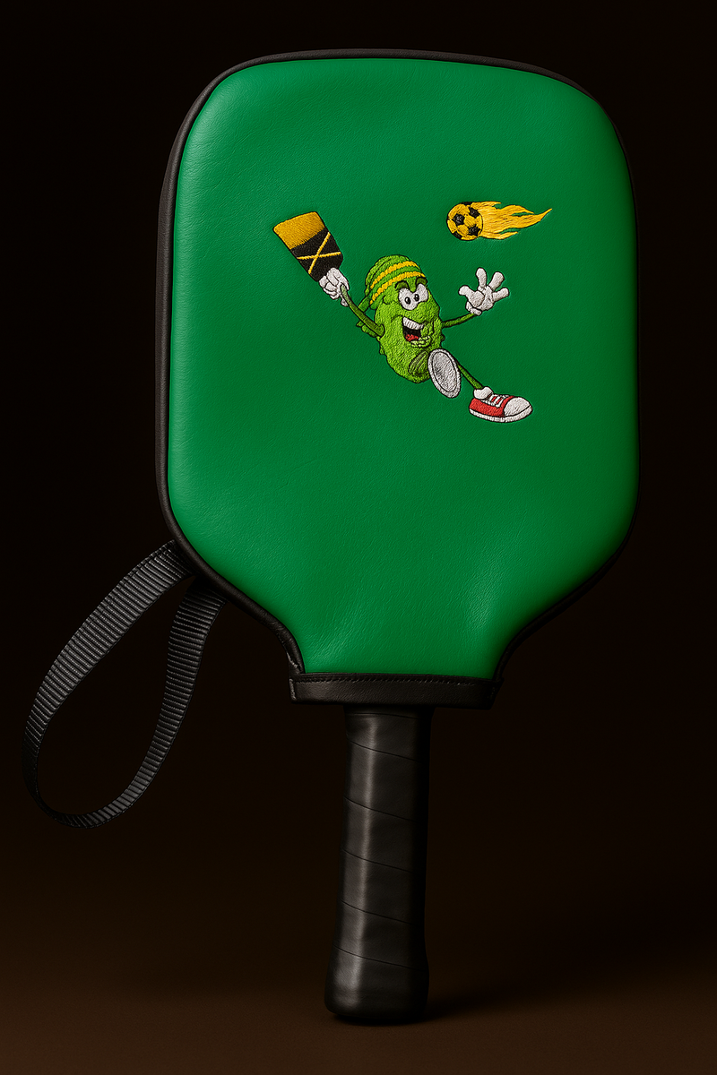 Green pickleball paddle with cartoon character on a black background
