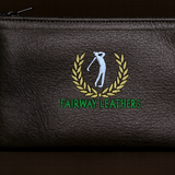 Black leather pouch with embroidered logo and 'Fairway Leathers' text on a dark background