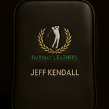 Black leather shoe bag with 'Fairway Leathers' logo and 'Jeff Kendall' text on a black background