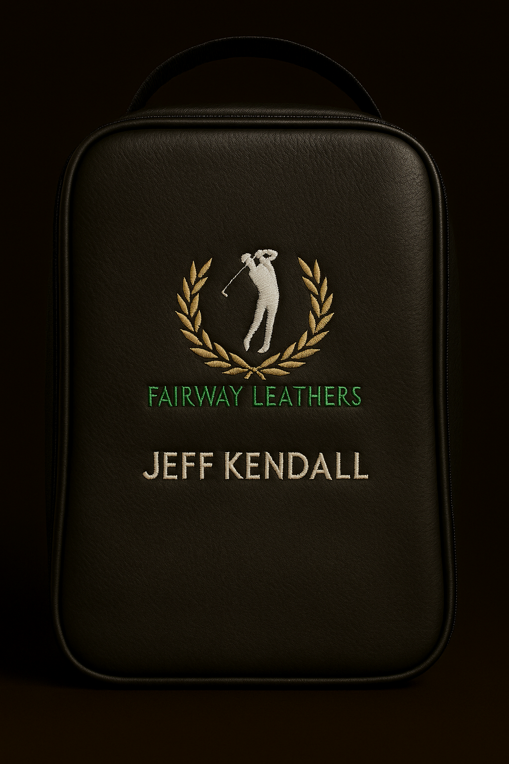 Black leather shoe bag with 'Fairway Leathers' logo and 'Jeff Kendall' text on a black background